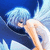 Anime-style character with light blue hair and white wings, bent forward against a dark blue background.