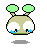 Pixelated green-eyed alien with two antennae, tears in eyes, and a shadow on gray background.