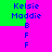 Pixelated text displays 'Kelsie', 'Maddie', and 'B'/'F' characters on a bright pink background with green sections, arranged in a -like pattern