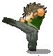 Pixel art character in green shirt and gray pants performing multiple martial arts poses including kicks, punches, and acrobatic flips against gray background.