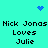 Pixelated cyan background with black text repeating 'Nick Jonas Loves Julie' in two , blue heart and blue dot cluster icons at top and center