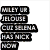 A four- shows text and celebrity images: 'MILEY UR JELOUSE CUI SELENA HAS NICK NOW' above two people in sunglasses, a person with curly hair singing, and a smiling woman