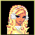 Pixel art contact sheet showing five frames of an animated winter-themed buddy icon with a blonde character, dress, and torch-like object.