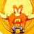 Animated contact sheet showing two frames of a cartoon character with orange fur and yellow shirt against golden circular background, plus separate text logo on blue background.