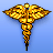 Pixelated golden caduceus symbol with brown accents on a light blue background, featuring two snakes coiled around a central staff and winged top.
