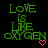 Green text 'LOVE IS LIKE OXYGEN' on black background with pink heart and arrow symbols, some frames showing animation changes.