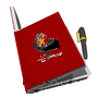 Red journal with black bird emblem and yellow-banded pen, shown in multiple open states against gray background.