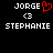 Pixelated text displays 'JORGE' with a red heart symbol, '<3', and 'STEPHANIE' on black background.