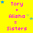 Yellow background with pink text reading 'Tory + Alisha = Sisters' repeated three times, each instance accompanied by small blue and green stars.