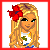 Pixel art of a blonde girl with red flower, white top, and red flared pants; text 'too cute' in bottom-right
