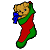 Pixelated Christmas stocking icon with teddy bear face peeking out, red and green colors, blue bow on left side, static single-frame image.