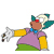 Pixelated character in purple robe with yellow sleeves and green base, holding a white object on left arm.