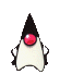 Animated character with black triangular head, red circular eye, white body, and black limbs in various waving poses against gray background.