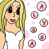 Pixelated cartoon woman with blonde hair and pink cheeks in white top, surrounded by floating letters and pink dots on white background.