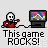 Pixel art animation of a red-shirted figure playing a guitar in front of a TV displaying a mountain scene, with text below reading "This game ROCKS!".