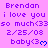 Purple text on pink background displays 'Brendan i love you so much<33so much<33so much<33 2/25/08 baby<3' repeated three times horizontally with blue heart symbols.