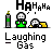 Pixel art contact sheet showing four frames of an animated laughing gas icon with a gray background, featuring a green-suited character and yellow canister.
