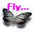 Pixelated butterfly icon with gray wings and pink text reading 'FLY...' above it on a light background.