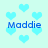Light blue background with scattered light blue hearts and four instances of the text 'Maddie' in dark blue pixelated font.