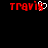 Red pixelated text 'TRAVIS' appears twice on a black background, with the left instance featuring a white heart-shaped pixel overlay on the 'S'.