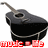 Six identical black acoustic guitars with white trim arranged in two , each labeled 'music' followed by a colored dot and 'files' below