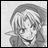 A 48x48 pixel grayscale buddy icon featuring a character with long hair on the left and text elements on the right, displayed as part of an animated contact sheet.