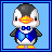 Pixel art penguin with gray head, white face, orange beak, and blue bow tie stands against light blue background.