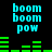 Pixelated cyan text 'boom' repeated twice and 'pow' once on black background, with green horizontal bars below each text block.