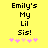 Yellow background with black text reading "Emily's My Lil Sis!" and five pink star icons below, two versions differ in star color sequence.