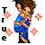 Pixelated character with brown hair in blue and multicolored outfit holding a colorful object, surrounded by pink starbursts on white background.