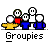 Static pixel art image with gray background showing multiple text blocks and a small group icon at top left.