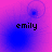 Pixelated text 'emily' on a gradient background with shifting blue circular patterns.