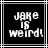 Black background with white pixelated text reading "jake is weird!" inside a thin gray border