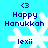 Pixelated blue background with white snowflake, text 'Happy Hanukkah' and 'lexii' in dark blue, and '<3' symbol above text.