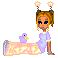 Pixel art avatar of a girl with brown hair in pigtails, blue eyes, and a purple dress, standing beside a pink bed with a purple bird, head turned left to right.