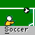 Pixelated soccer-themed animation showing a yellow-shirted figure kicking a black-and-white ball on green field with white lines, text labels below each frame.