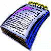 Pixelated icon shows a spiral-bound notebook with purple and blue pages, a bonsai tree on a rock, and a green robot with blue accents on a white background.