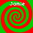 Four identical red and green spiral patterns arranged in a , each with the text 'Jamie' in white pixelated font at the top
