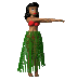 Animated sequence of a woman in red bikini top and green grass skirt performing hula dance poses against gray background.