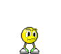 Yellow circular character with green shoes and white socks, displaying multiple facial expressions and hand gestures across a