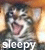 A pixelated cat face with open mouth and pink tongue, set against a warm-toned gradient background with white text reading 'sleeepp' at the bottom.