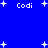 Blue background with white pixelated text "Codi" and plus signs scattered across the image.