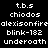Static black-and-white pixel with repeating text labels arranged in a pattern, featuring 't.b.s', 'chiodos', 'alexisonfire', 'blink-182', and 'underoath' across multiple
