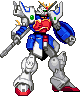 Four pixel-art Gundam mecha icons in blue, white, and red with green accents, each showing distinct weapon and pose variations against a gray background.