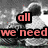 A static image with a grayscale background showing partial human figures and colorful heart patterns, overlaid with text reading 'all we need is love.'