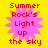 Yellow background with four identical pink starburst shapes containing red text reading "Summer Rock's Light up the sky" in pixelated font.