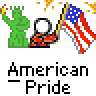 Pixel art buddy icon featuring Statue of Liberty, flag bearer, and American flag with text "American - Pride" and "badassbuddy.com" on gray background.