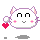 Pixelated white cat head with pink inner ears, black curved eyes, and gray mouth; four variations show heart position changes.