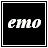 Pixelated text 'EMO' in white with green and blue speckles on a black background, framed by double white borders.