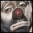 Pixelated image of a clown face with exaggerated features, including large eyes and a red nose, rendered in grayscale tones.